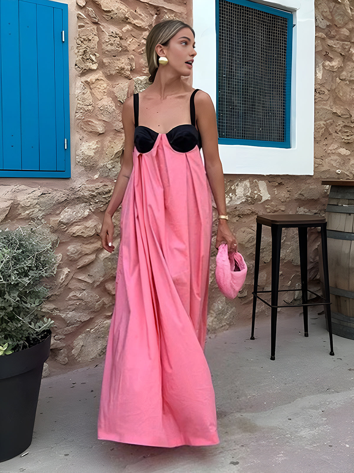 Büstiyer Panelli Halter Askılı Uzun Elbise