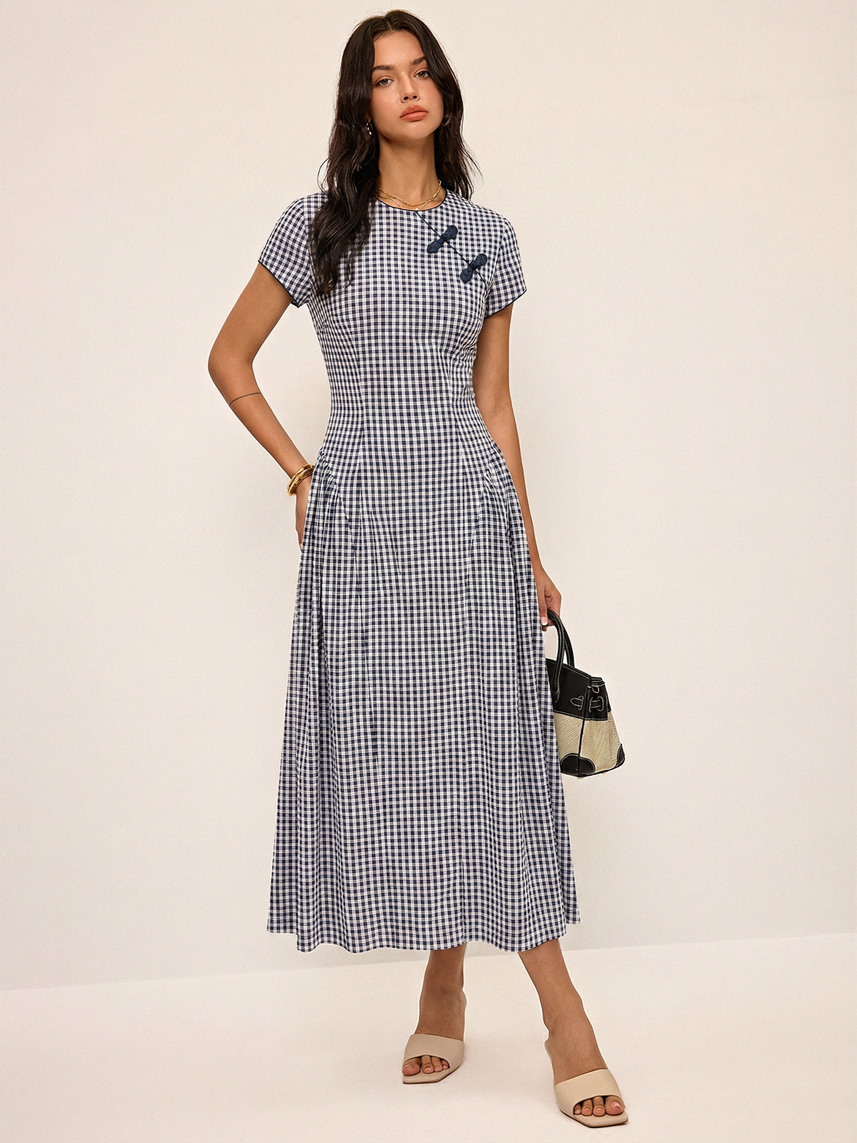 Pötikareli Çin Düğmeli Kısa Kollu Midi Elbise