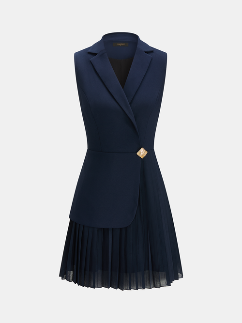 Blazer Stil Pileli Kolsuz Mini Elbise
