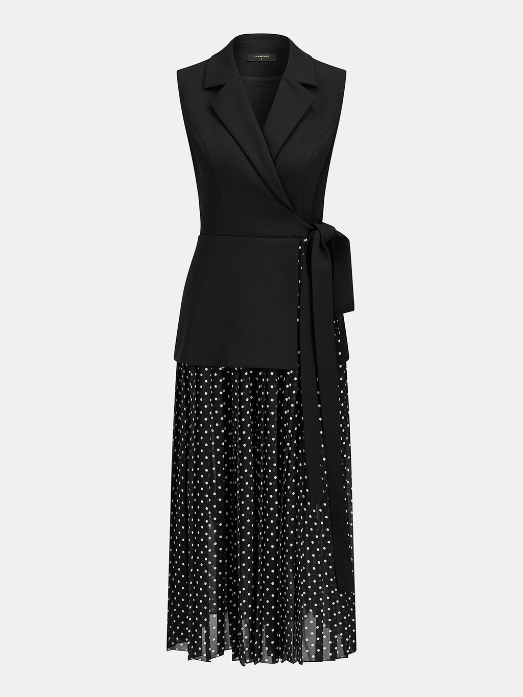 Beli Bağlamalı Blazer Stil Puantiye Desenli Maxi Elbise