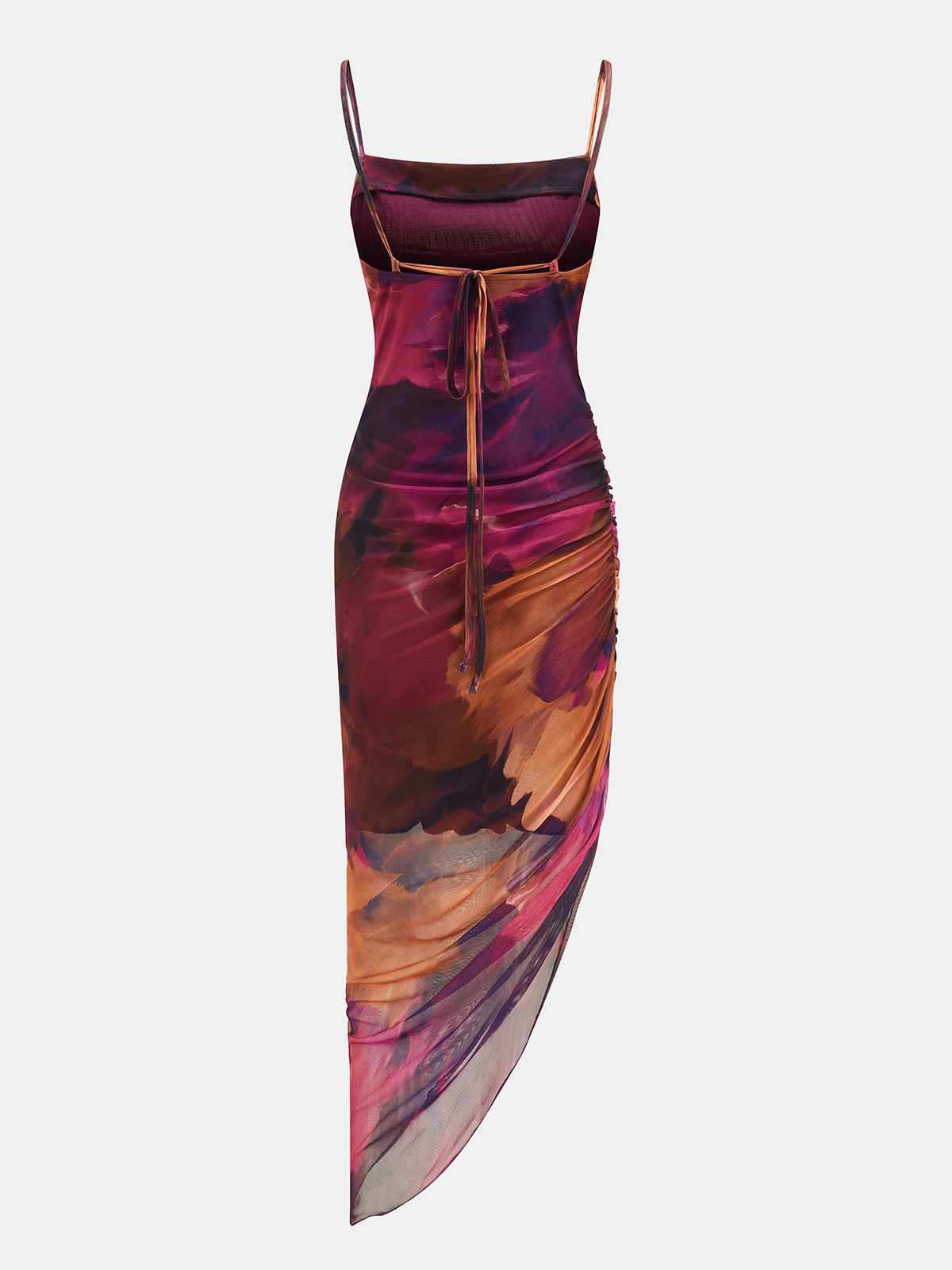 Asimetrik Etek Uçlu Batik Desenli Tül Maxi Elbise