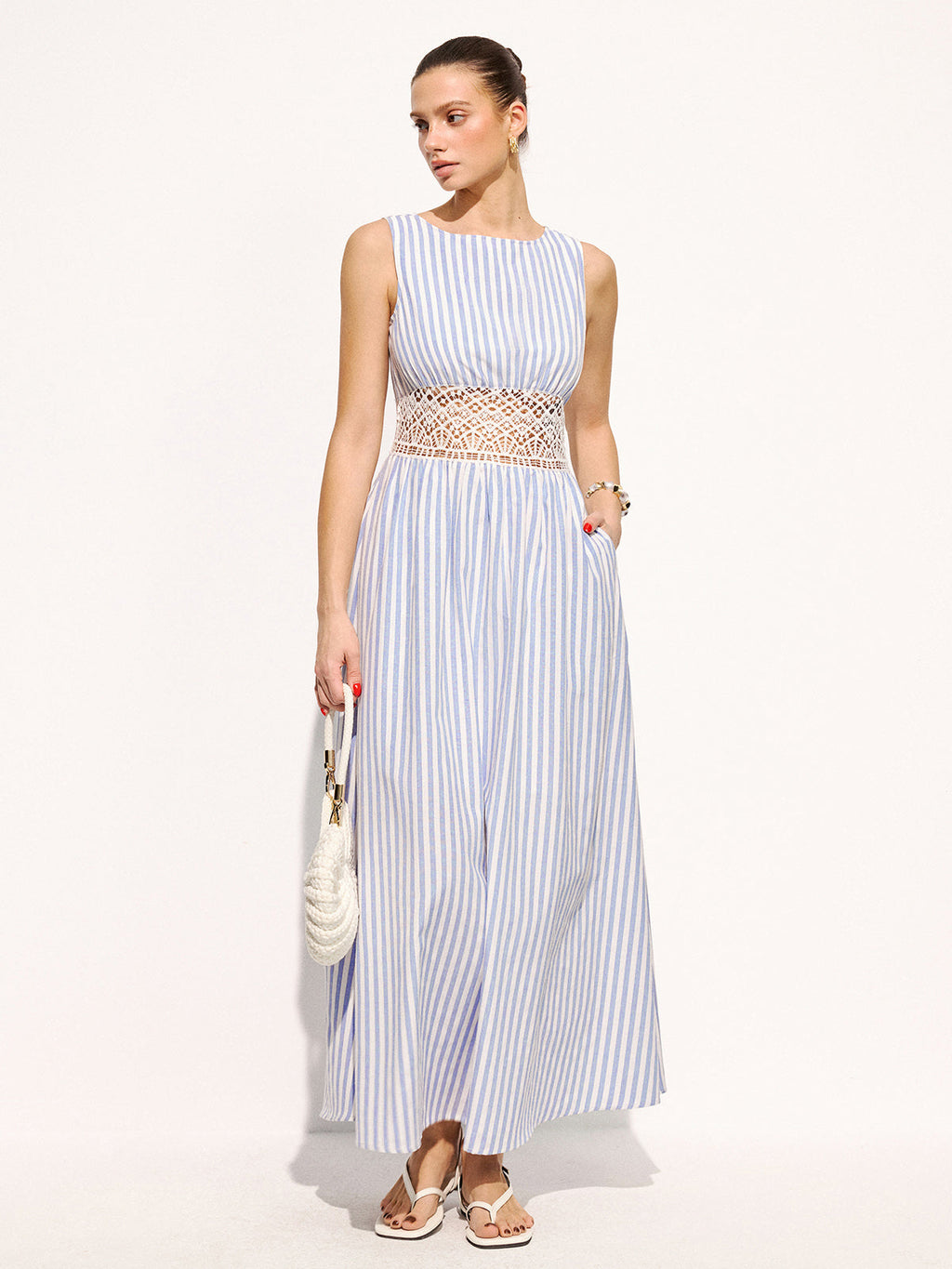 Çizgili Kolsuz Beli Dantelli Maxi Elbise