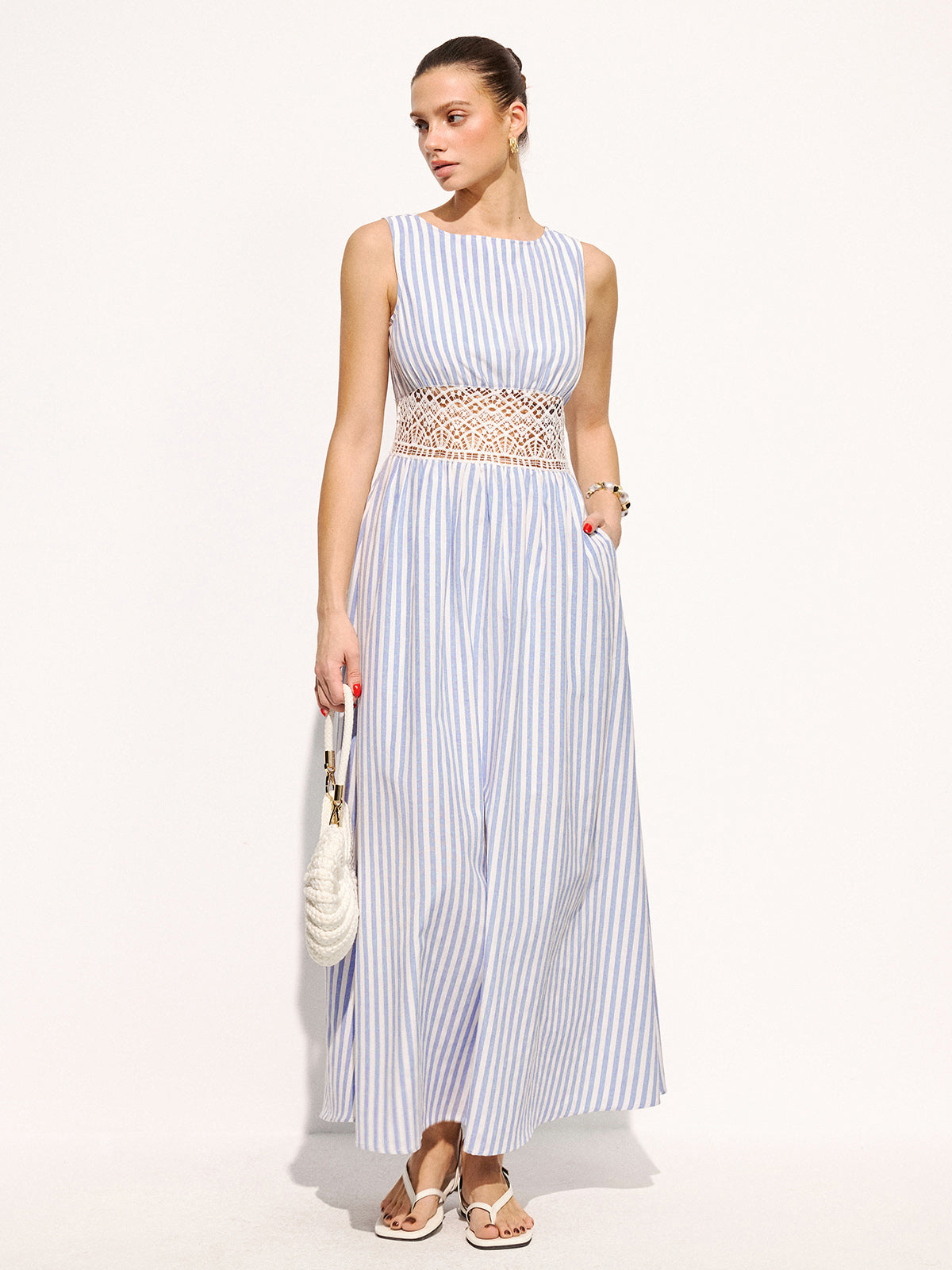 Çizgili Kolsuz Beli Dantelli Maxi Elbise