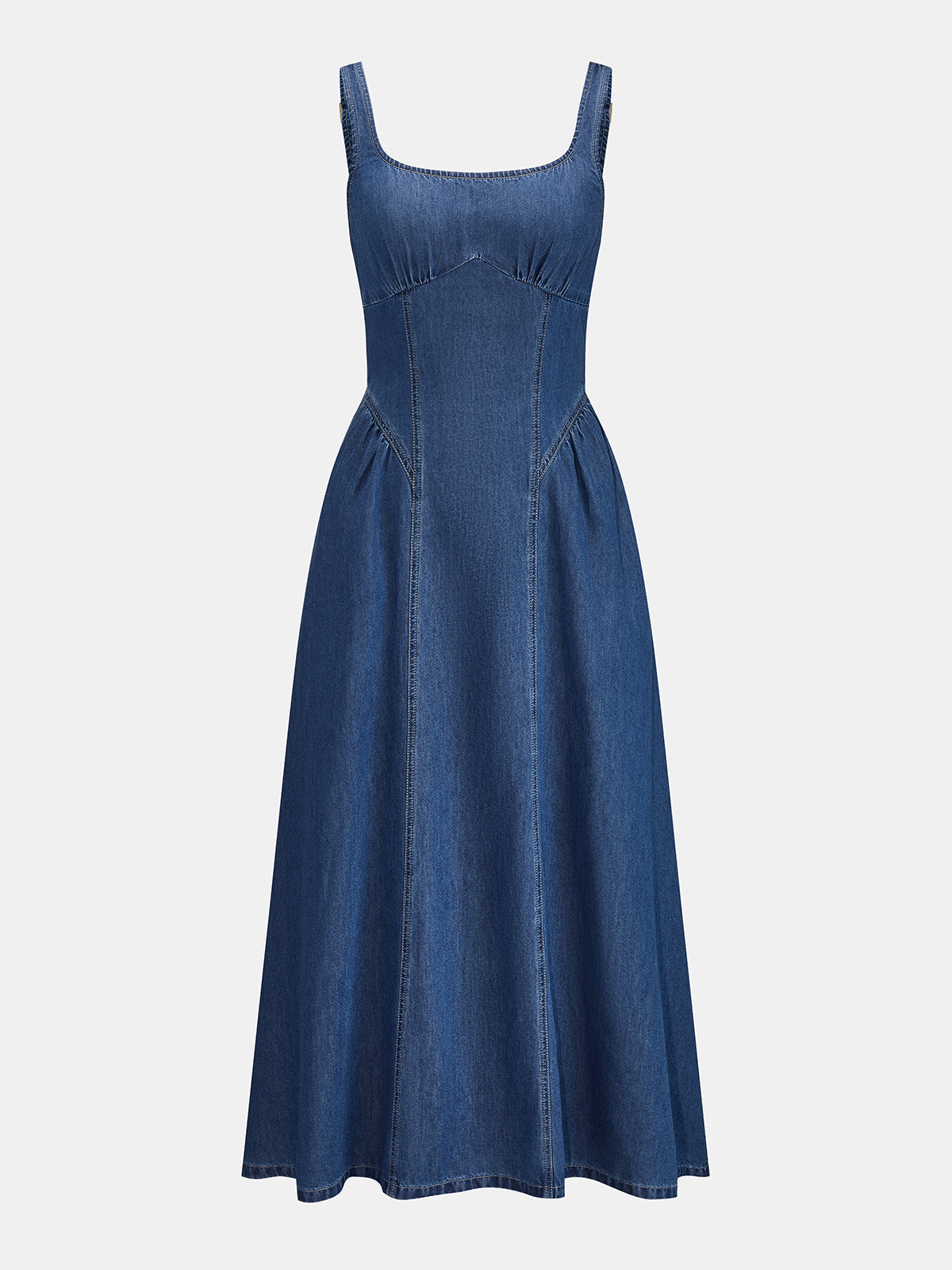 Kare Yaka Büzgülü Dikiş Detaylı Denim Maxi Elbise
