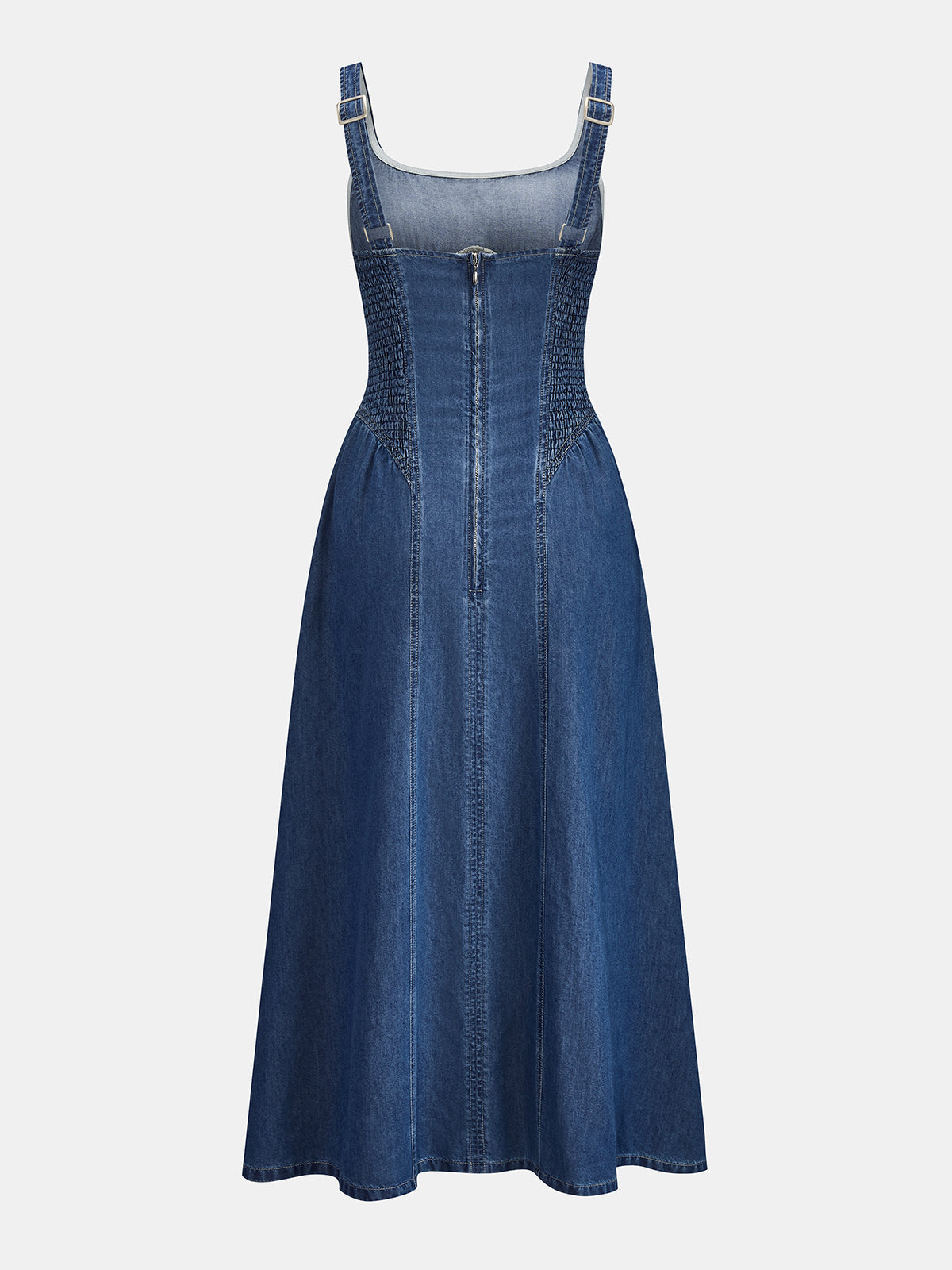 Kare Yaka Büzgülü Dikiş Detaylı Denim Maxi Elbise