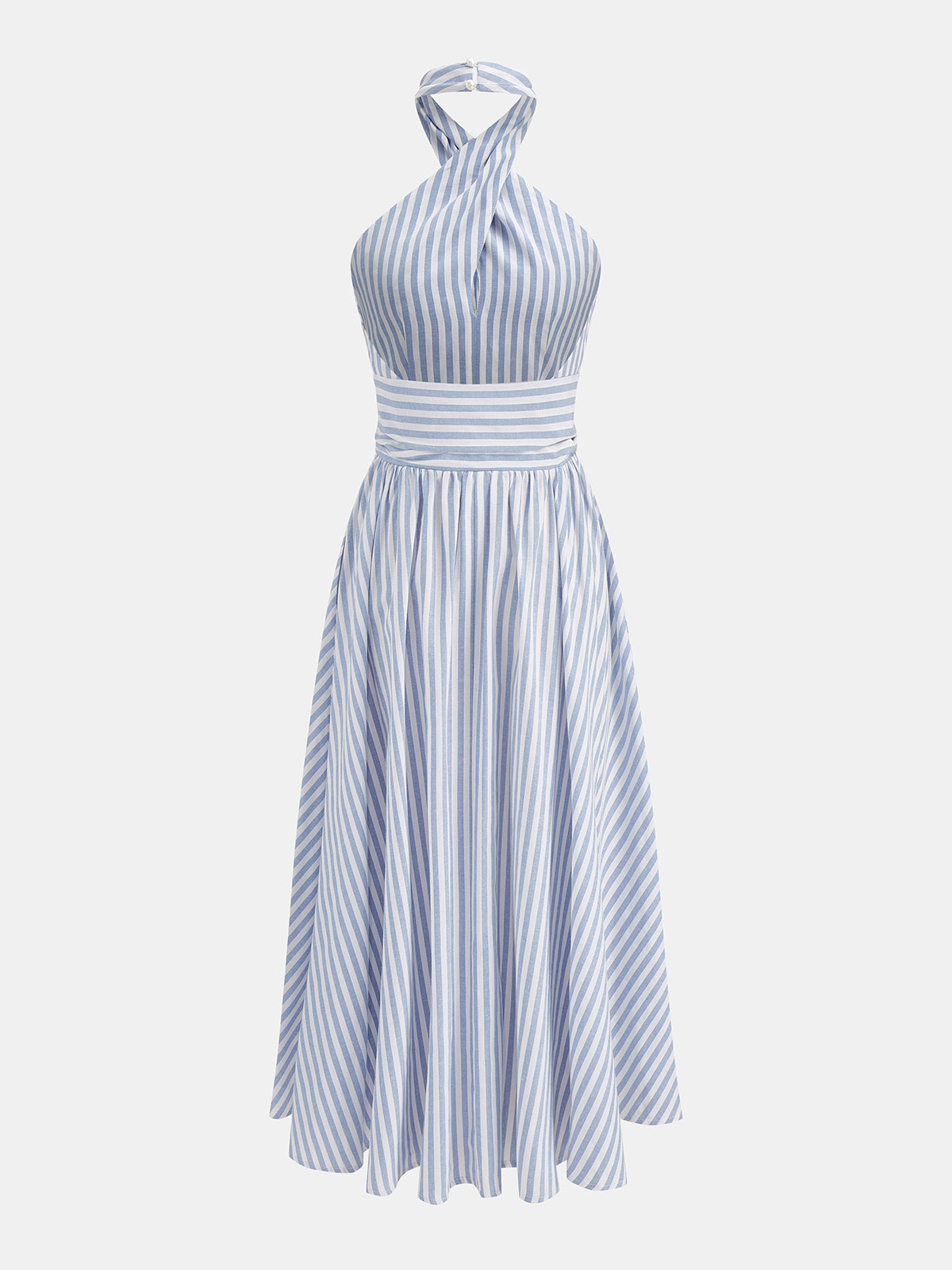 Çizgili Halter Yaka Beli Bağlamalı Maxi Elbise