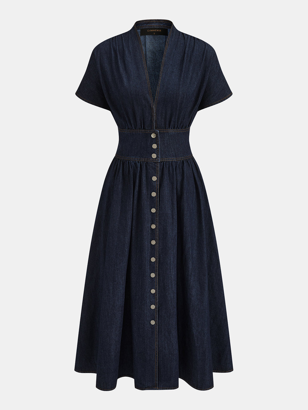 V Yaka Önden Düğmeli Denim Maxi Elbise
