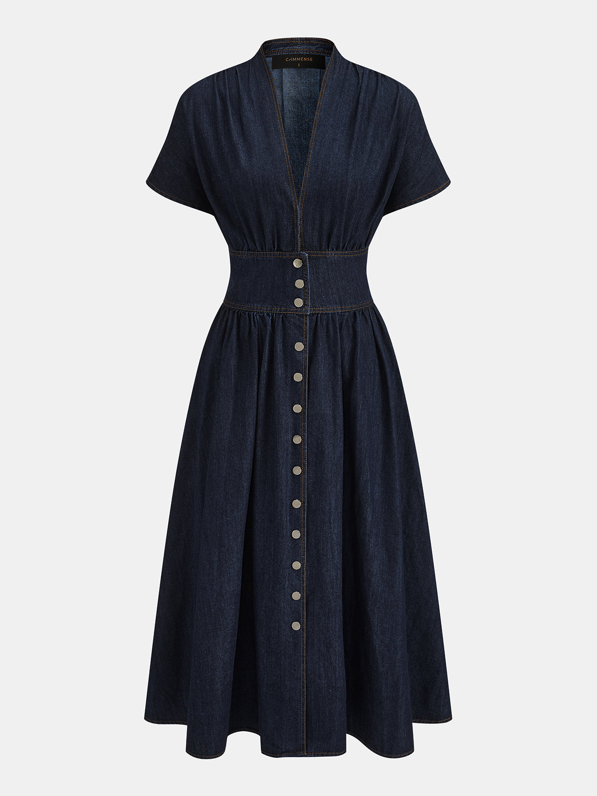V Yaka Önden Düğmeli Denim Maxi Elbise