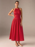 Sırtı Fiyonklu Halter Yaka Maxi Elbise