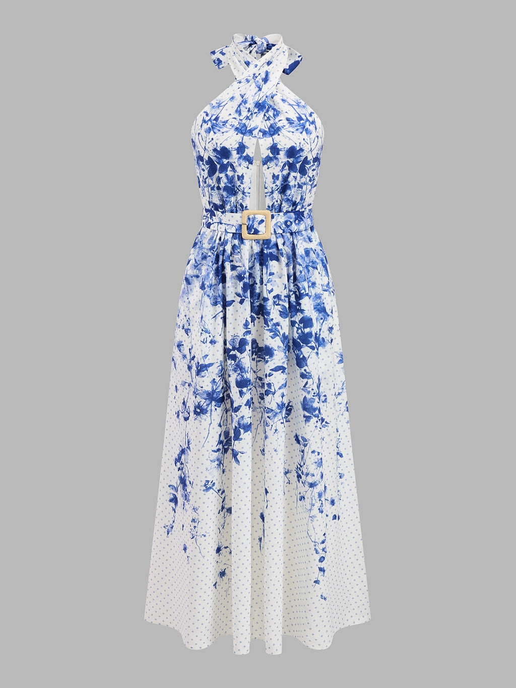 Çiçek ve Puantiye Desenli Halter Yaka Kemerli Maxi Elbise