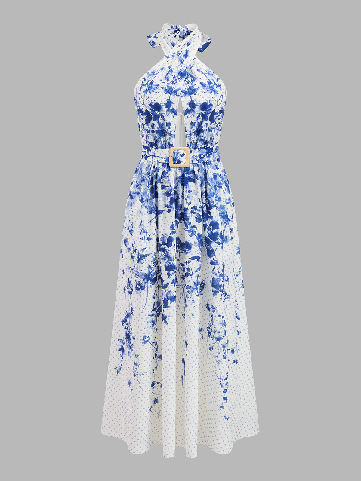 Çiçek ve Puantiye Desenli Halter Yaka Kemerli Maxi Elbise