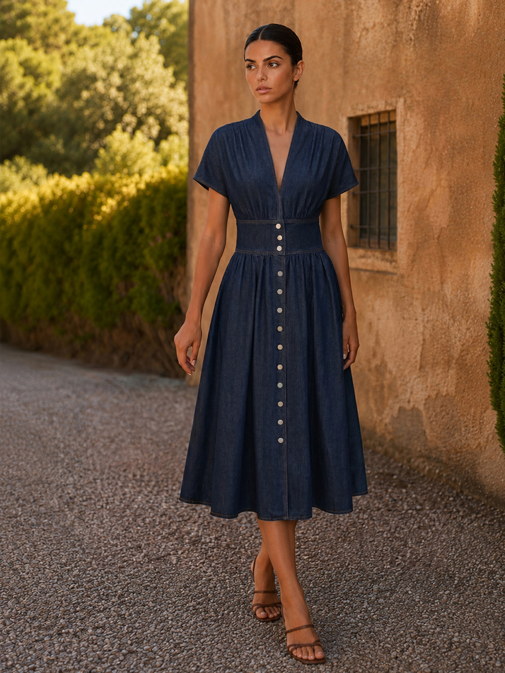 V Yaka Önden Düğmeli Denim Maxi Elbise