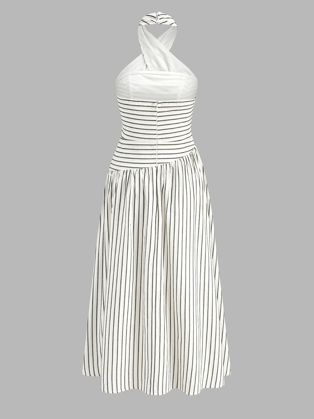 Çapraz Halter Yaka Çizgili Pamuklu Maxi Elbise
