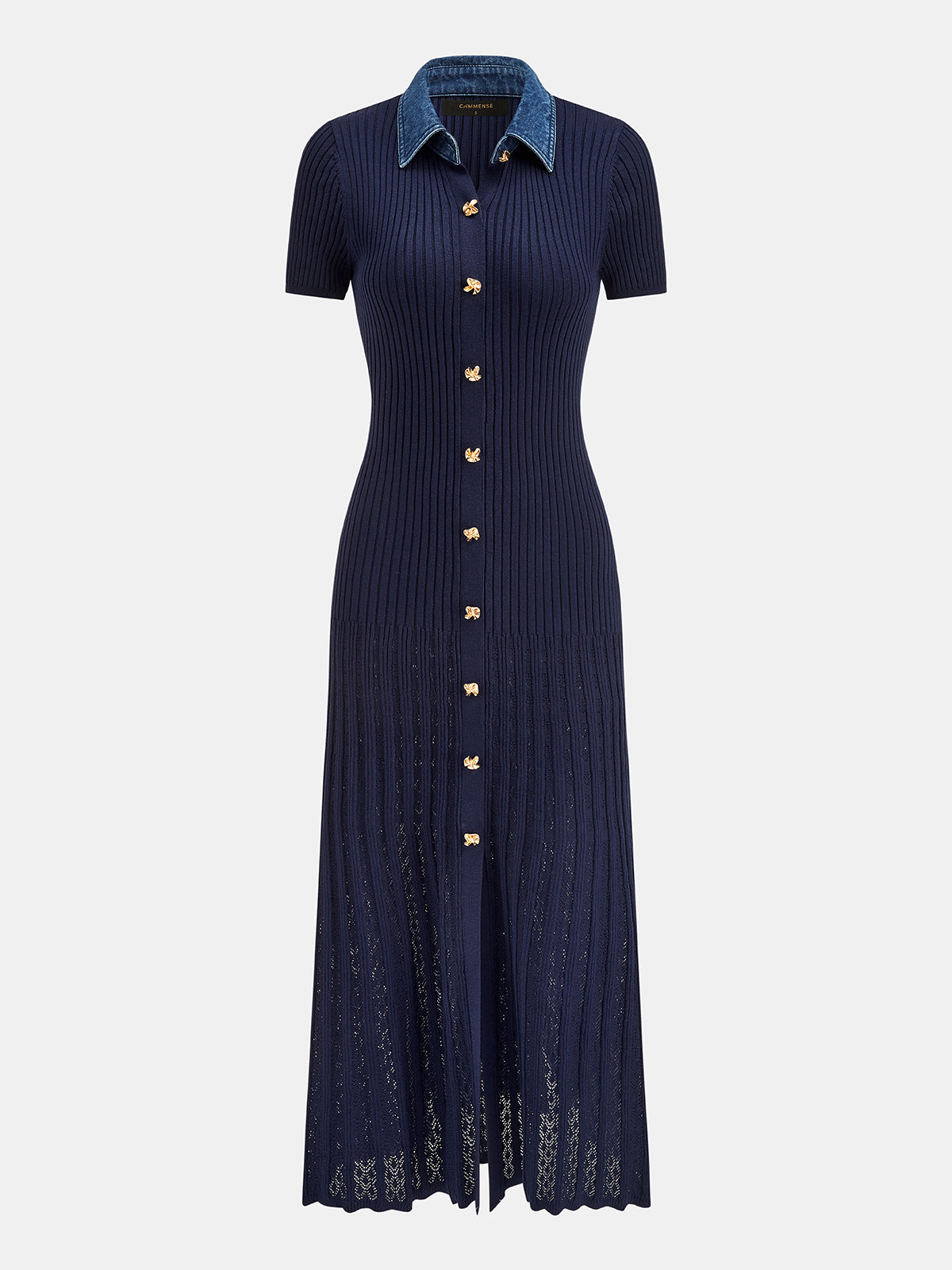 Denim Yakalı Fitilli Triko Maxi Elbise