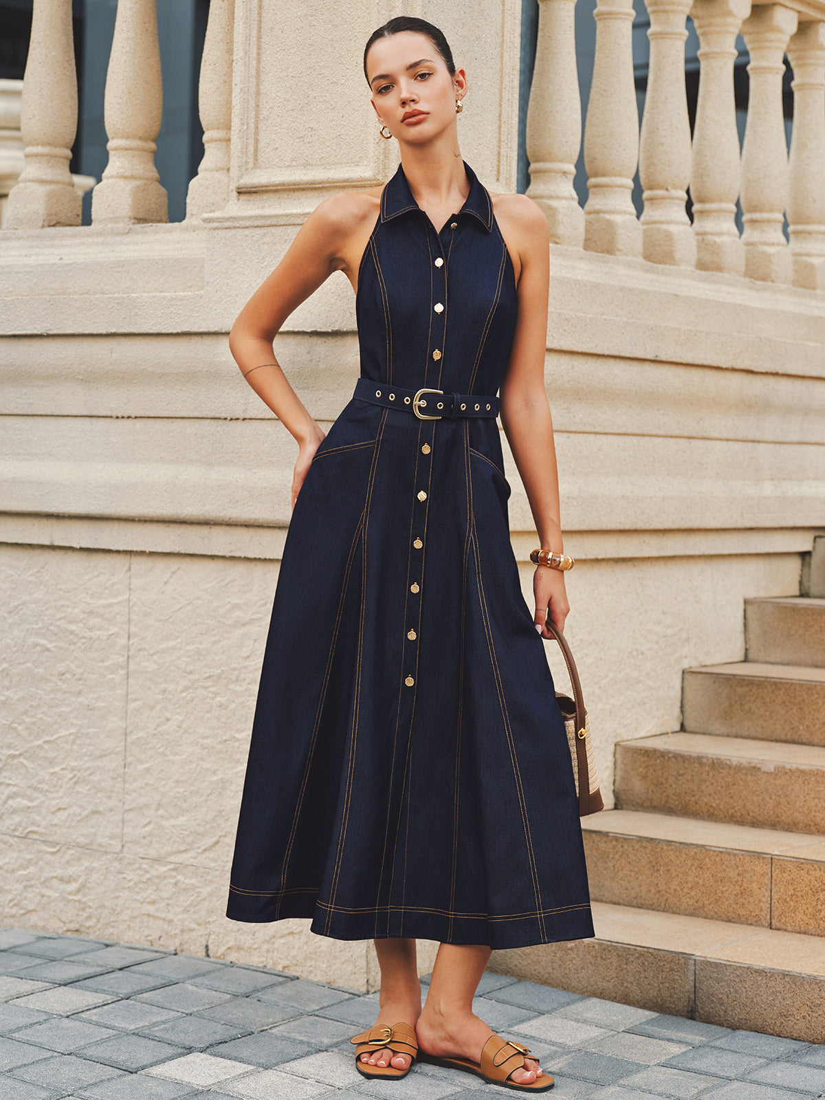 Halter Yaka A Kesim Kemerli Denim Elbise