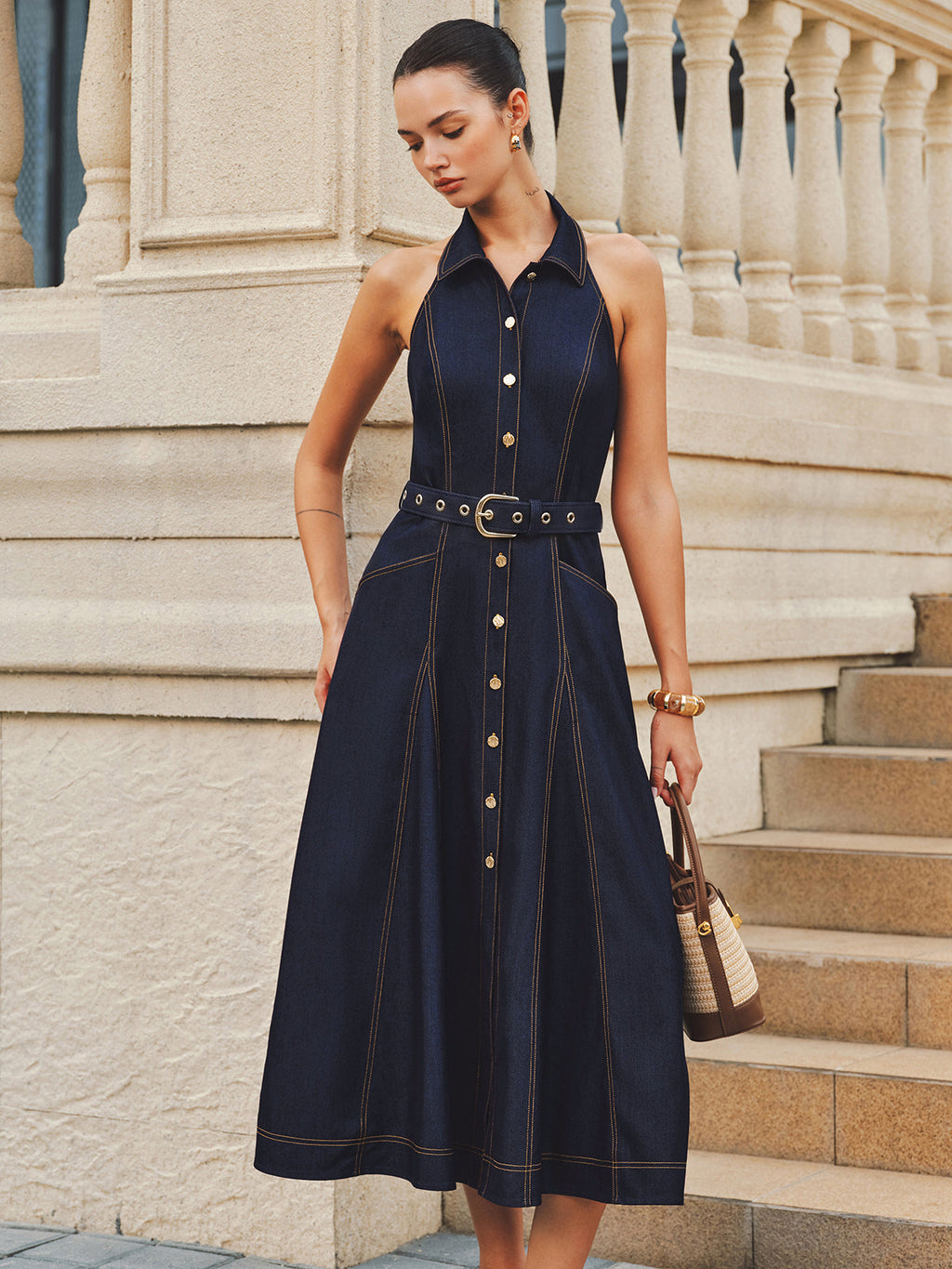 Halter Yaka A Kesim Kemerli Denim Elbise