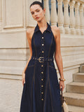 Halter Yaka A Kesim Kemerli Denim Elbise