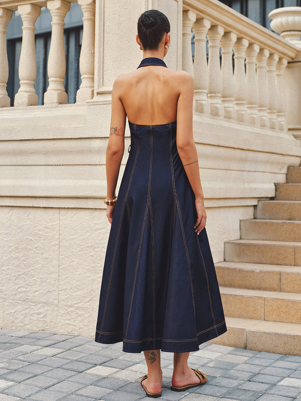 Halter Yaka A Kesim Kemerli Denim Elbise