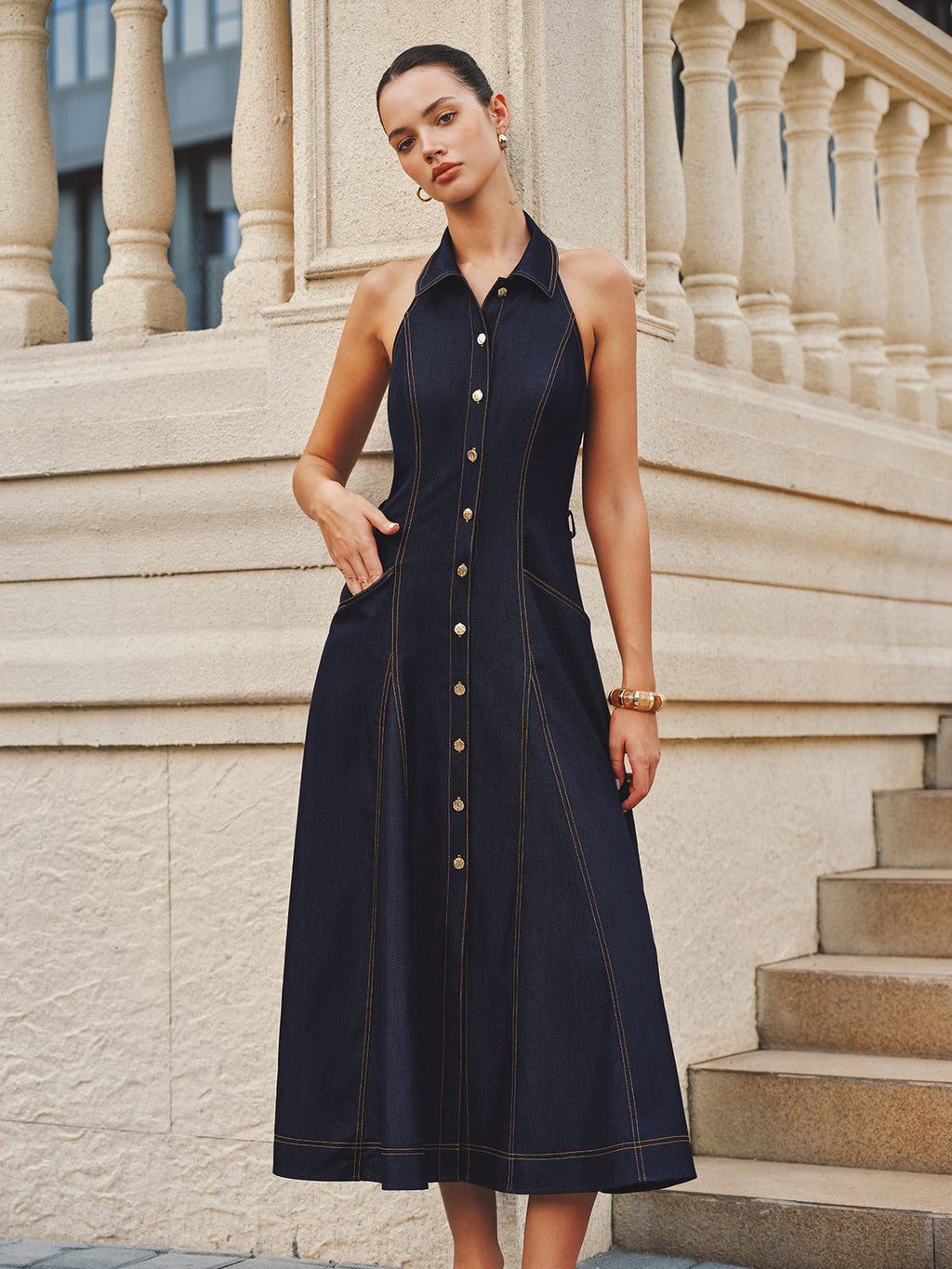 Halter Yaka A Kesim Kemerli Denim Elbise