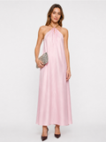 Zincir Halter Yaka Saten Maxi Elbise