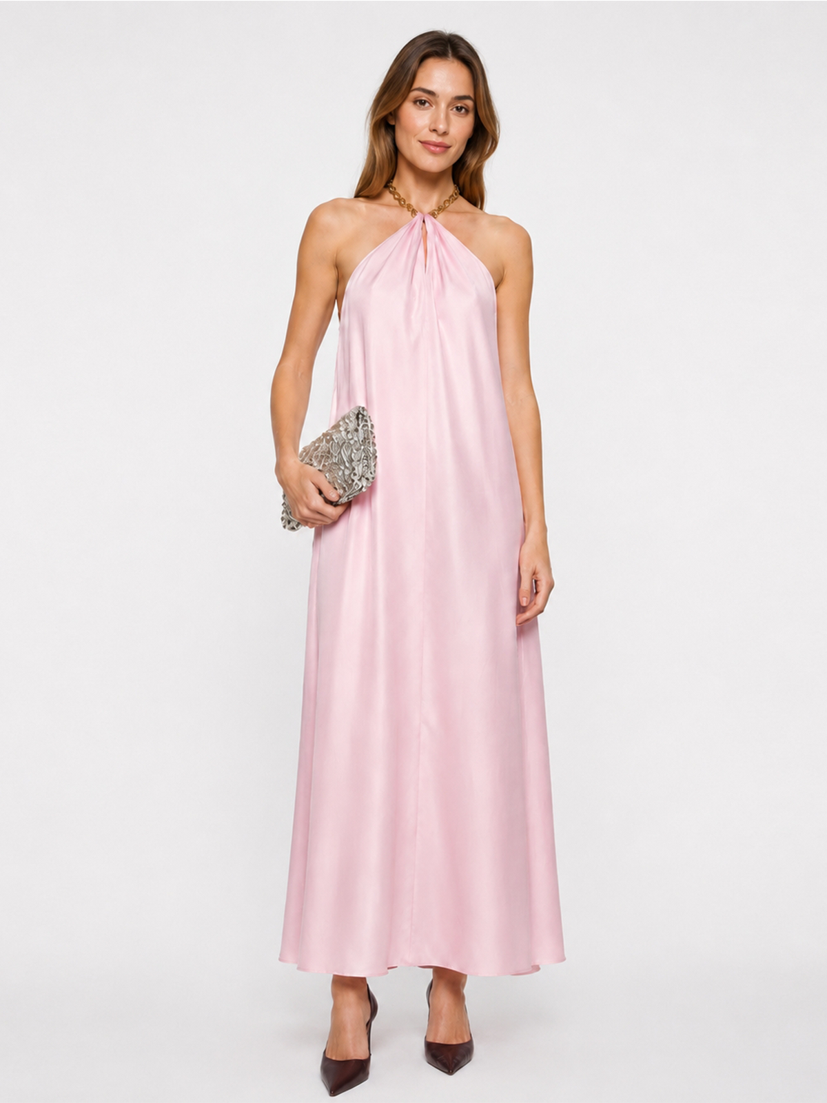 Zincir Halter Yaka Saten Maxi Elbise