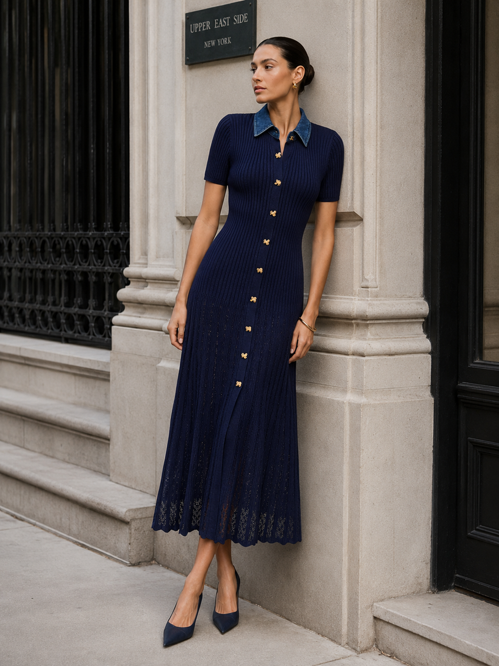 Denim Yakalı Fitilli Triko Maxi Elbise