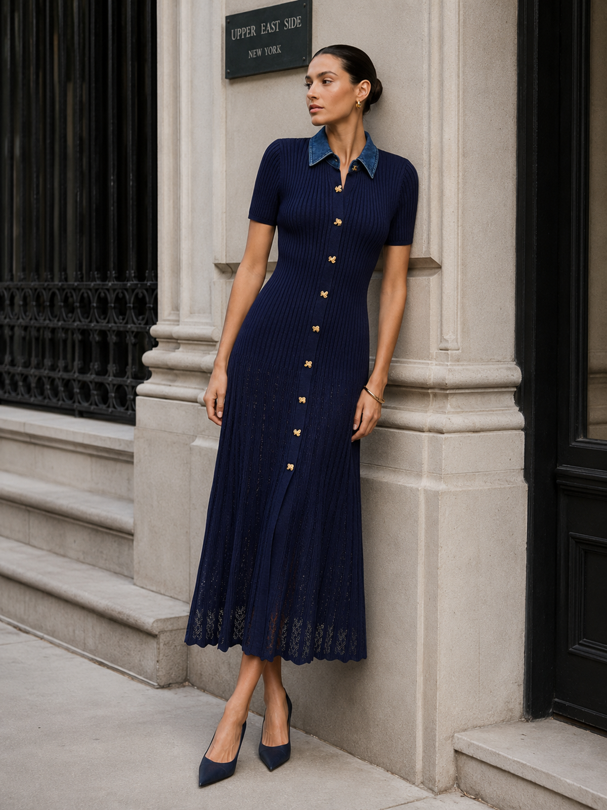 Denim Yakalı Fitilli Triko Maxi Elbise