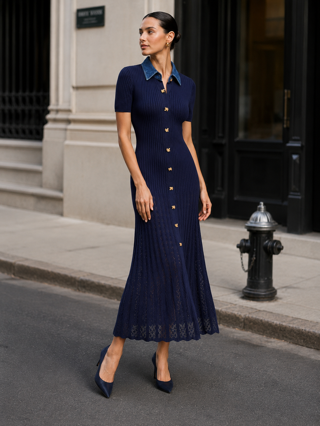 Denim Yakalı Fitilli Triko Maxi Elbise