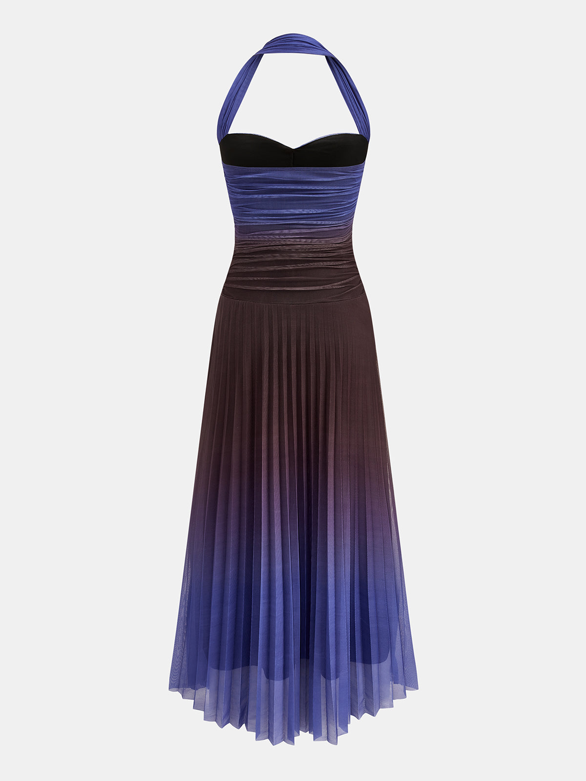 Ombre Pileli Halter Yaka Maxi Elbise