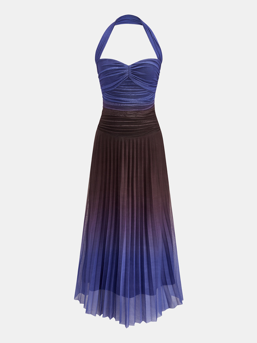Ombre Pileli Halter Yaka Maxi Elbise