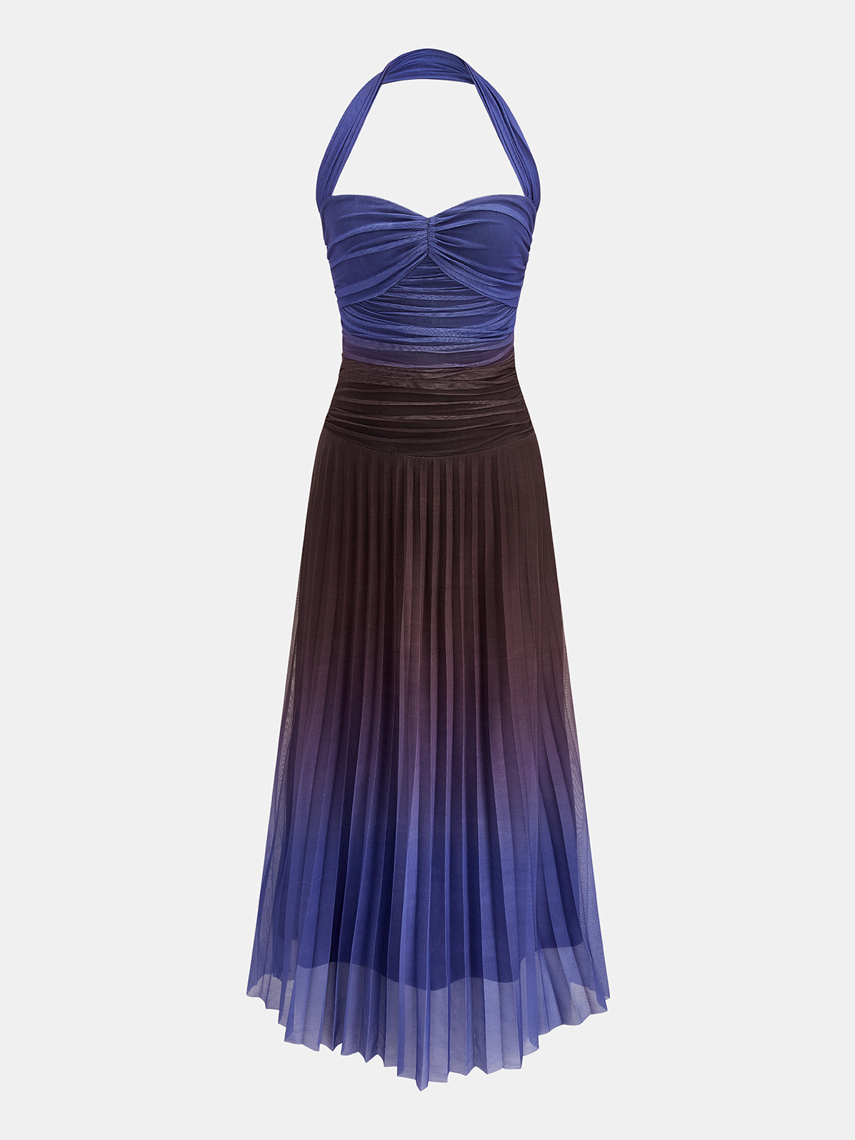 Ombre Pileli Halter Yaka Maxi Elbise