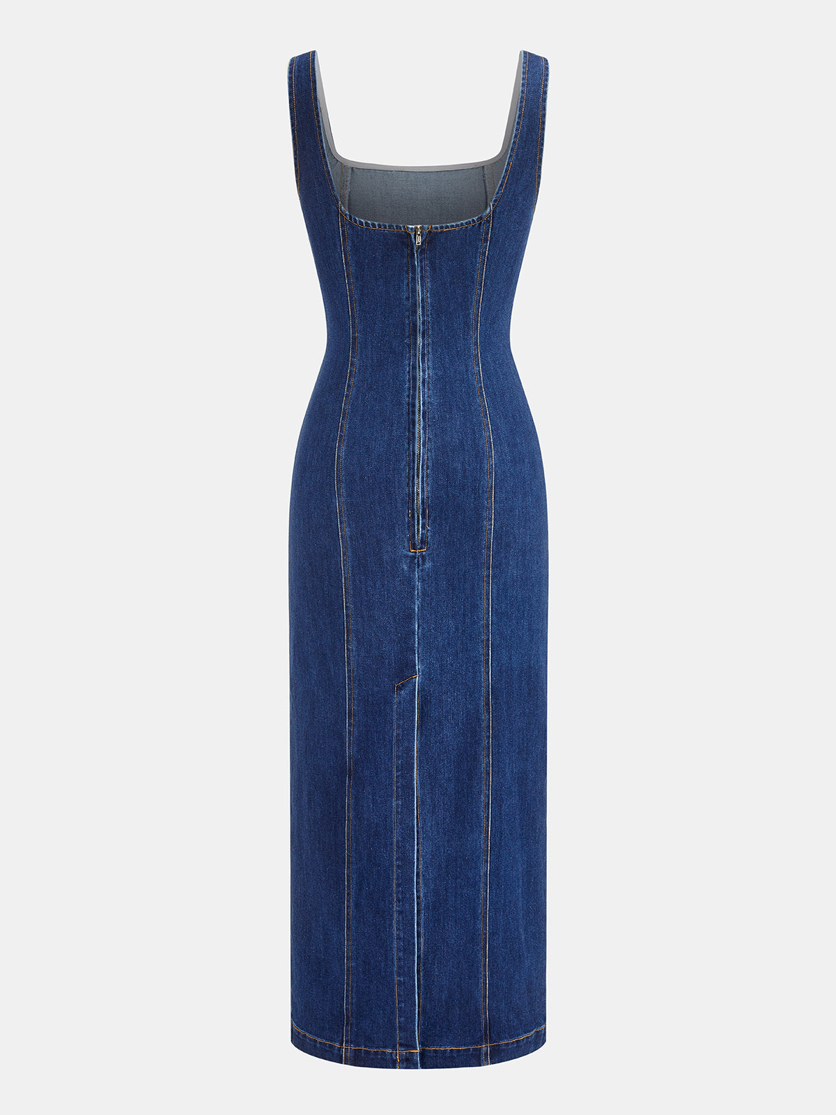 Kare Yaka Dikiş Detaylı Denim Vücuda Oturan Elbise