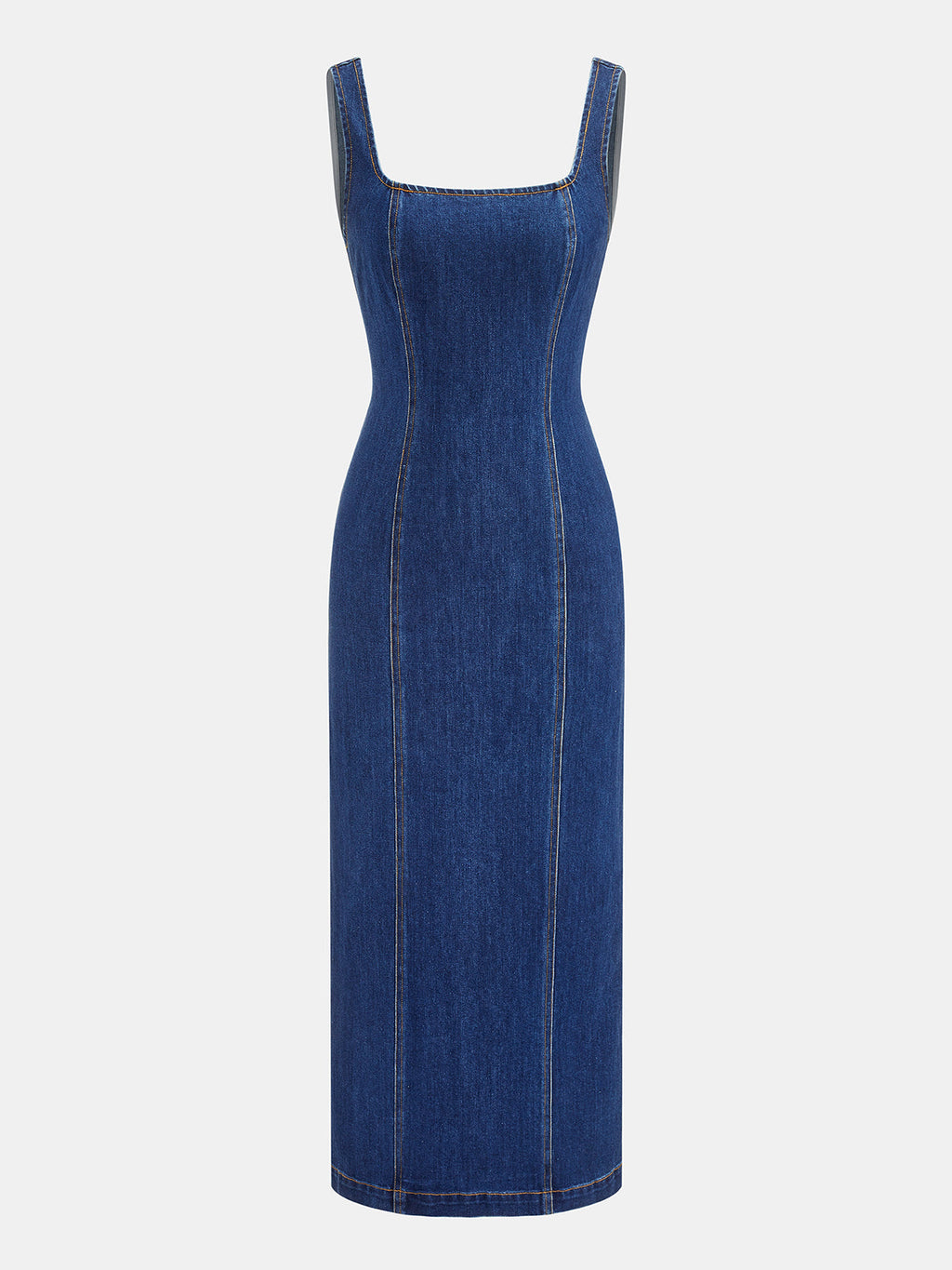 Kare Yaka Dikiş Detaylı Denim Vücuda Oturan Elbise